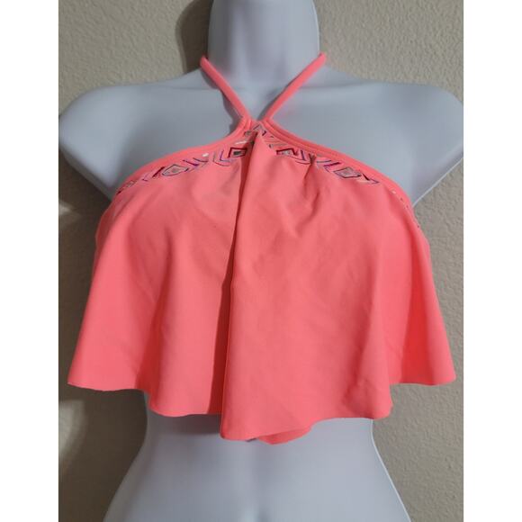 SO Bright Orange Embroidered Halter Bikini Top Small Padded Lightweight Lined - Picture 1 of 7
